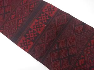 綿紬　横段に幾何学模様織り出し　全通袋帯